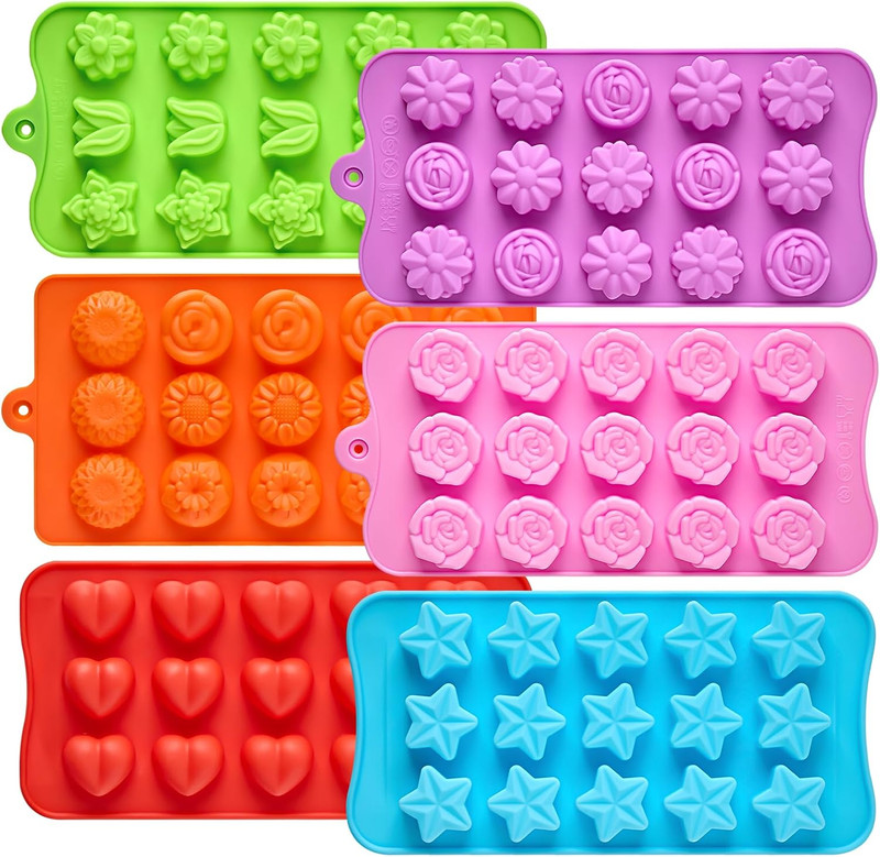 6 Pcs Flower Silicone Chocolate Molds Set, 15-Cavity Rose Heart Star Candy Mold gallery