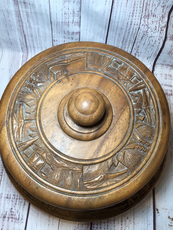 Vintage 12" Round Wooden Swivel Cake Plate w/ Dome African Unique Hand Made gallery
