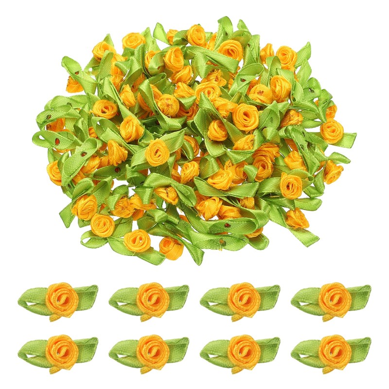 100 Pcs Mini Ribbon Roses Flowers Bows for Crafts, 15mm/0.6" Dia, Orange