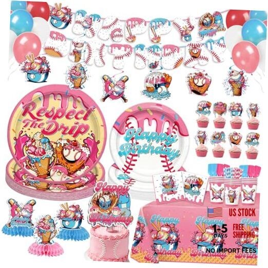 202 Pcs Ice Cream Drip Baseball Birthday Decorations Tableware Set – Service