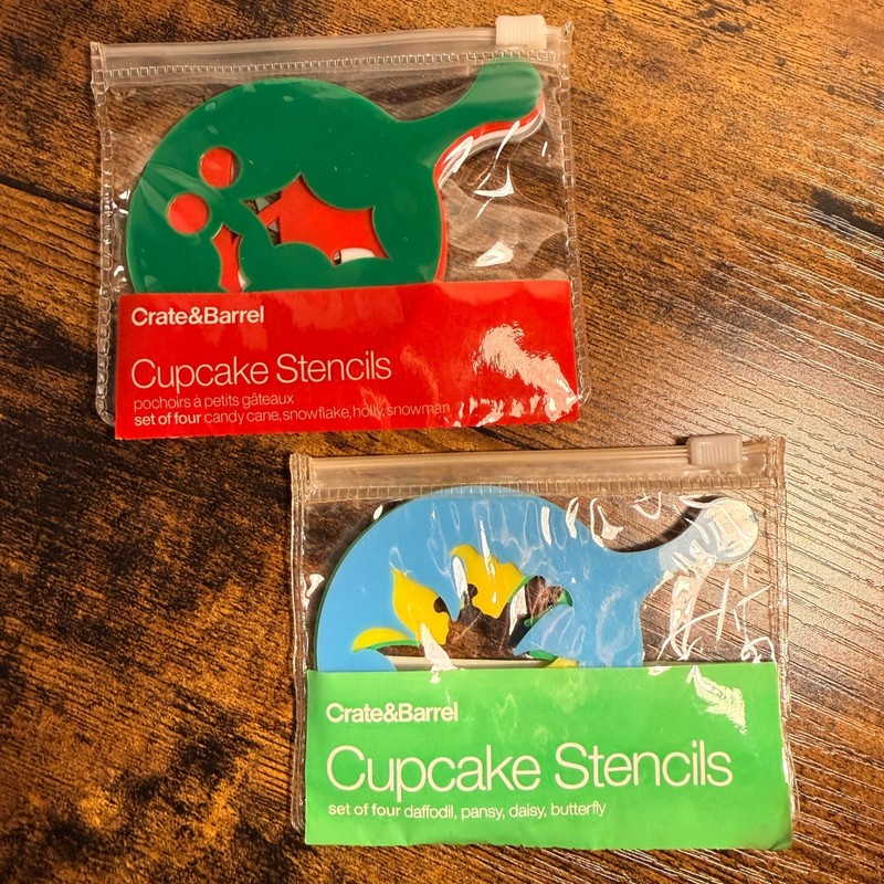 Crate & Barrel 2 sets of Cupcake Stencils Christmas & Spring flower butterfly