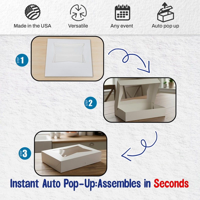 12" x 8" x 2.25" White Bakery Boxes with Window (25 Pack) - Auto Pop-Up Paper... gallery