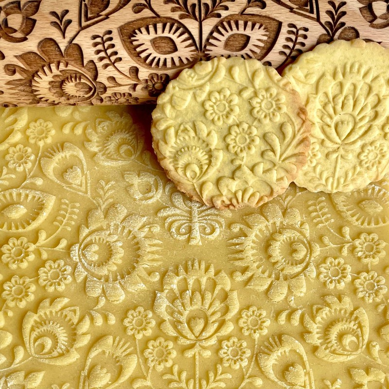 FOLK Embossed Rolling Pin. Wooden Embossing Pin With Folksy Beige gallery