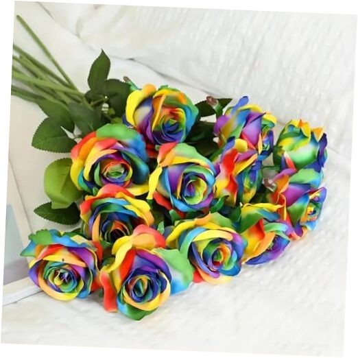 12 PCS Artificial Flowers Rainbow Roses Silk Flowers Fake Long Multi-color