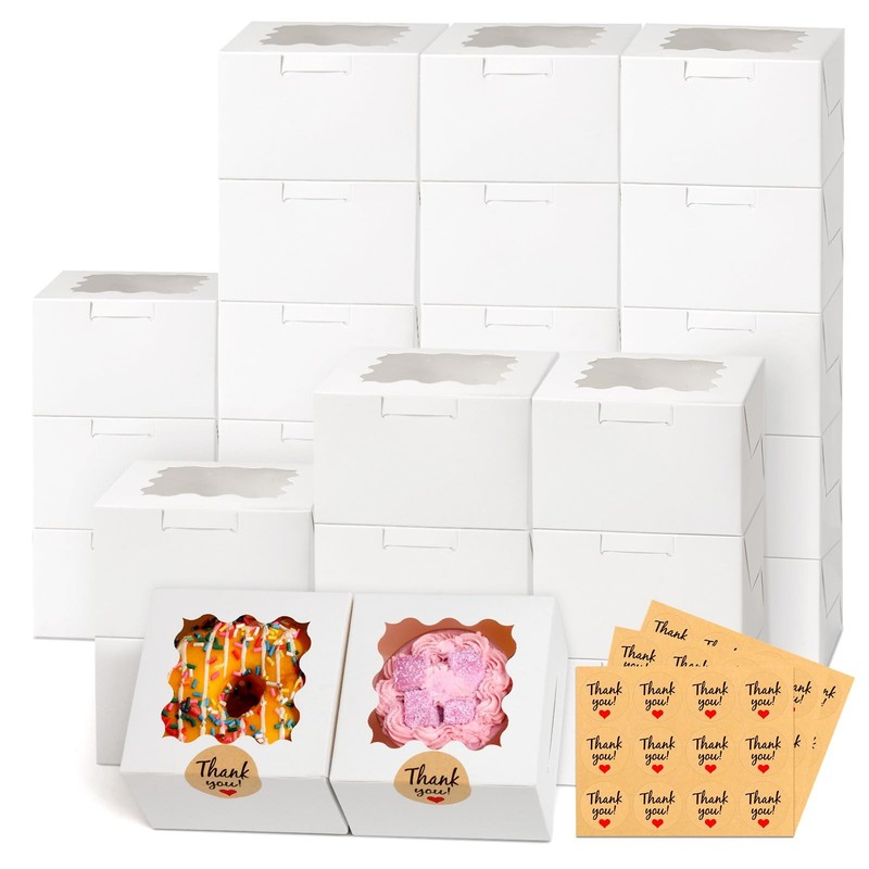 ZYFOTZUN 26pcs White Cookie Boxes with Window, 4x4x2.5 Inches Small Bakery Bo…