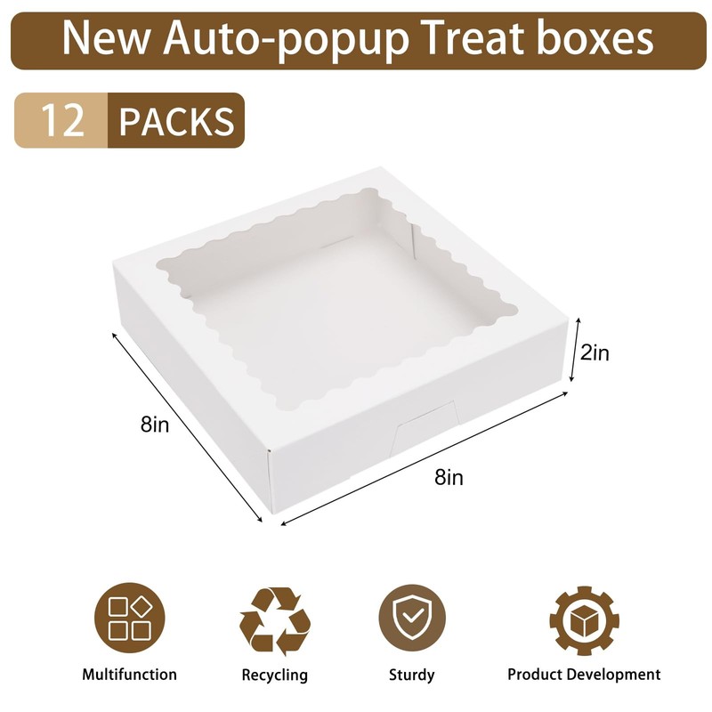 12pcs Bakery Boxes 8x8x2 Inches Auto-Popup Cookie Boxes with Window White Tre... gallery
