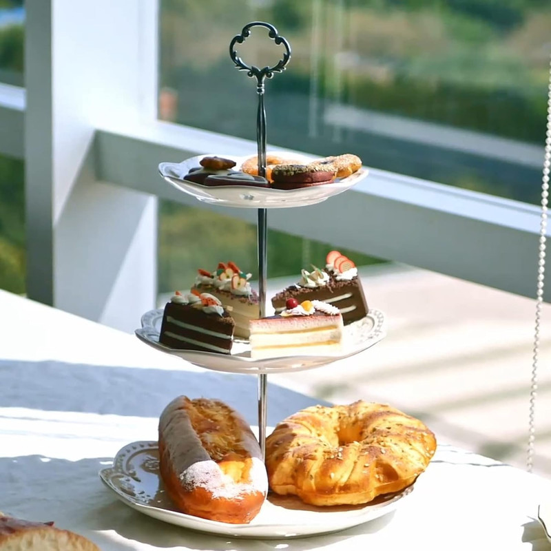 3-Tier Porcelain Cupcake Stand Serving Tray - White Embossed Elegant Dessert Cak gallery