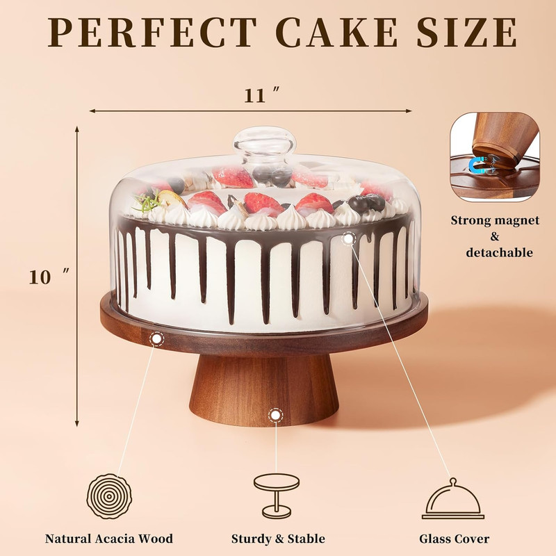 VIVIRBIEN Wooden Cake Stand with Lid, Acacia Cake Stand with Glass Dome, 11-Inch gallery