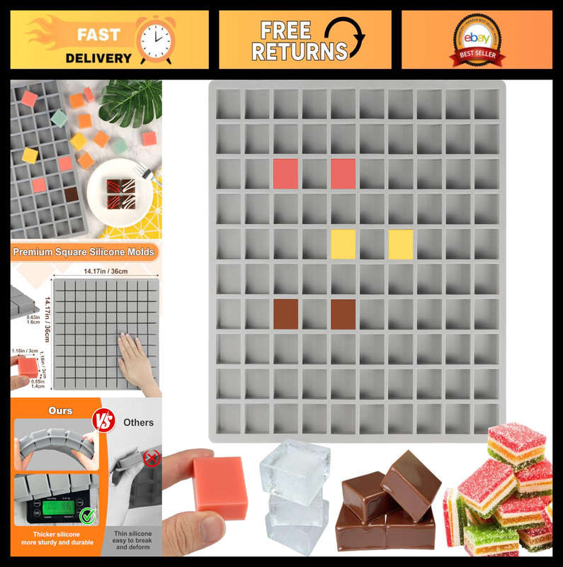 100 Cavity Square Silicone Mold for Chocolate, Ice Cubes, Candy, Jelly, Gummy Tr
