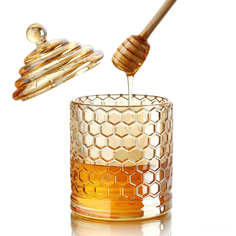 Champagne Crystal Glass Honey Pot with Dipper Sticks – No Drip Honey Dispense…