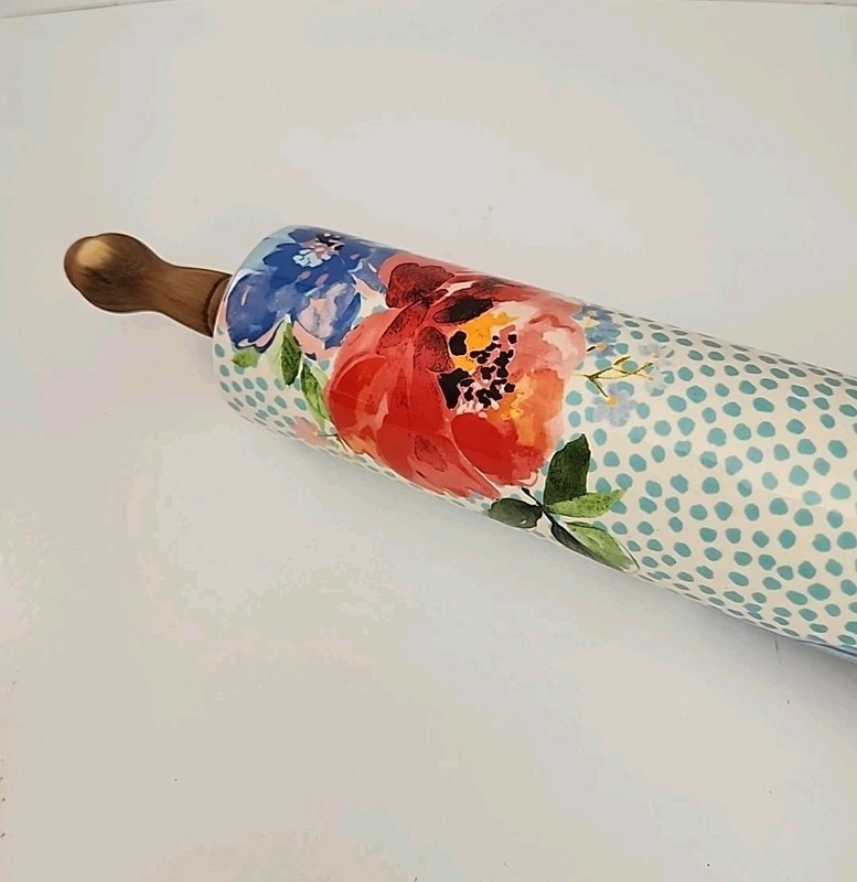 Pioneer Woman SPRING MELODY Floral Ceramic Wooden Rolling Pin Retired gallery