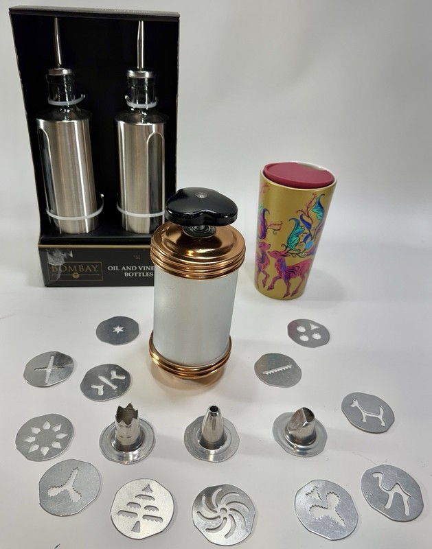Vtg Cookie Pastry Cookie Press, NEW StarBuck’s Tumblr, NEW Oil & Vinegar Bottles