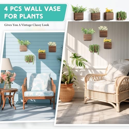 4 Pack Wood Wall Planters Natural Hanging Plant Pots 5.5 x 5 Inches Natural gallery