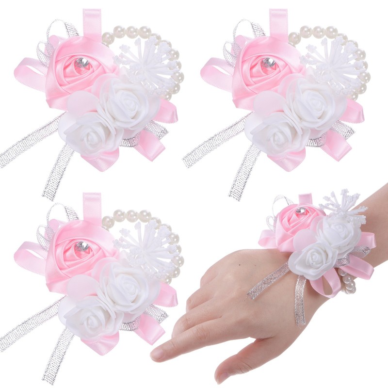 3-Pack Pearl Corsage Wristlet Bracelet for DIY Corsage Supplies [Pink]
