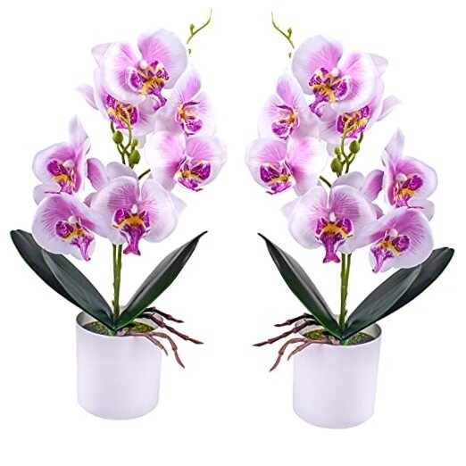 Artificial Orchid Flowers, 2 Pieces Potted Orchid Flowers Fake Orchids Purple