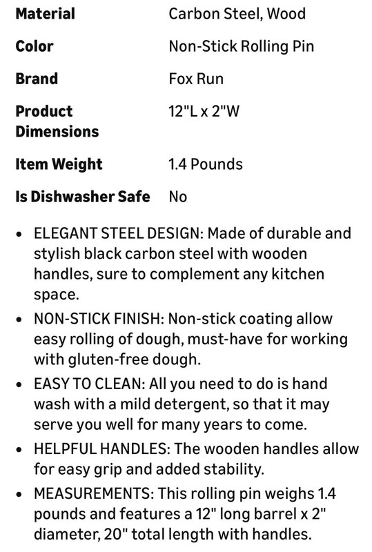 Fox Run Non-Stick Rolling Pin Carbon Steel 12-Inch Length 2-Inch W Barrel Black gallery