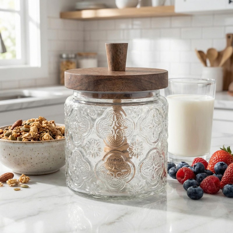 17 oz Glass Honey Dispenser with Dipper & Lid, Airtight Wide Mouth Jar