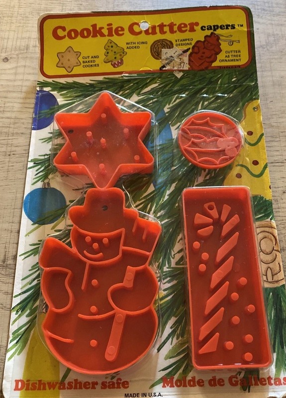 Set of 4 Vintage Christmas Cookie Cutters. Snowman, Star, CandyCane & Holly NOS