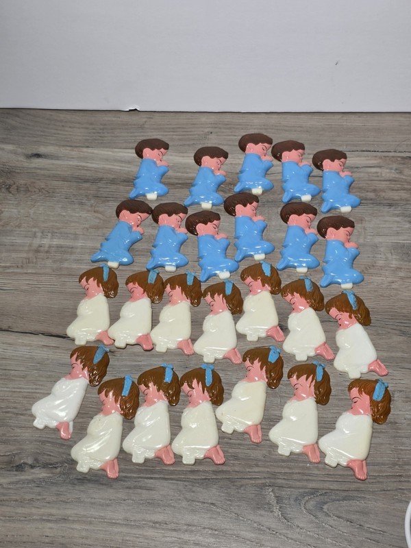 Vtg Hong Kong Flat Plastic Cake Toppers Lot of 28 17 Praying Girls & 11 Boys