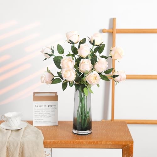 12Pcs Realistic Fake Roses Faux Flowers with Long Stems, Artificial Silk Cream gallery