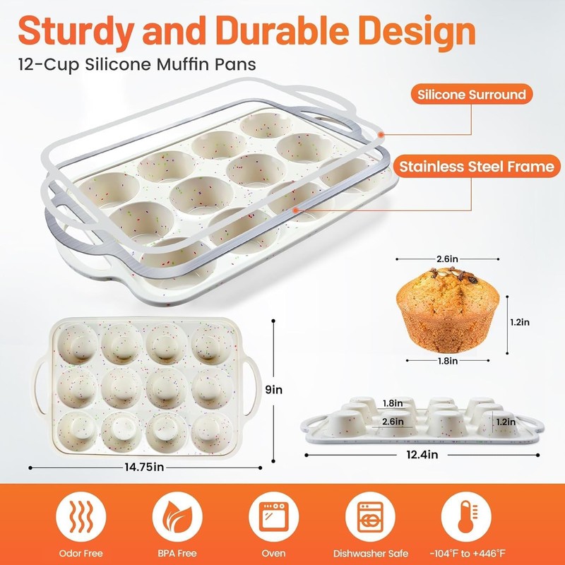 2Pack Silicone Muffin Pan for Baking with Standard: 12 Cups×2pack, Cream gallery