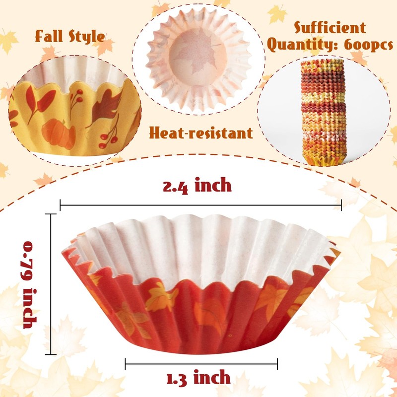 600 PCS Fall Mini Cupcake Paper Liners Pumpkin Maple Leaf Baking Muffin Cups gallery