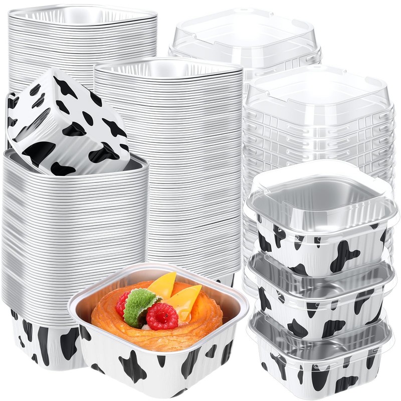 200 Pack 5 oz Cow Print Mini Cake Pans with Lid, Black White Cow Party Favors…