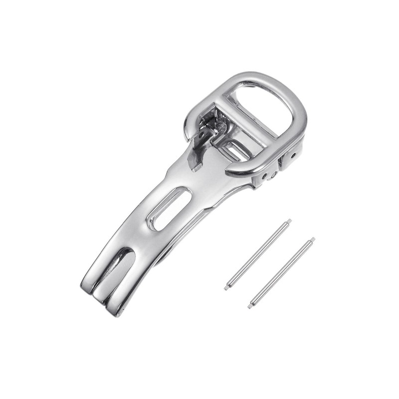 Folding Watch Clasp for 12mm Leather Strap with Pins, Silver Tone
