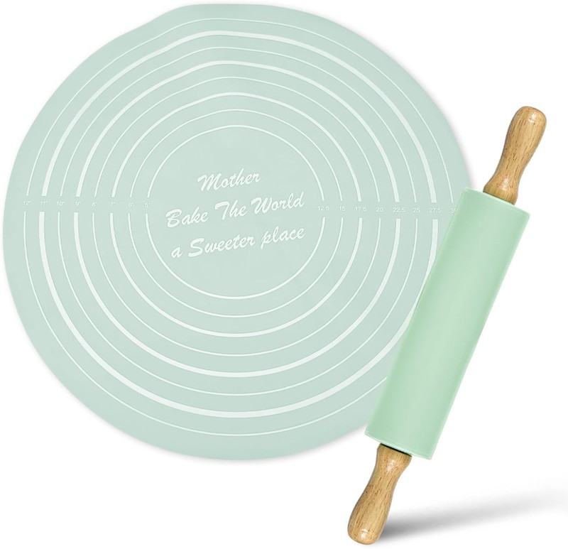Silicone Rolling Pin Backing Mat Set, 13″ Dough Roller with Non Stick Pastry
