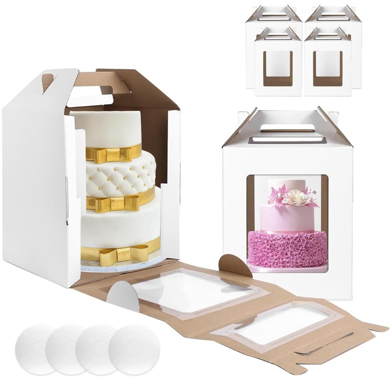 4 Pack Tall Cake Boxes 12x12x14 & 10x10x12 Inches with Cake Board - Large Dis...