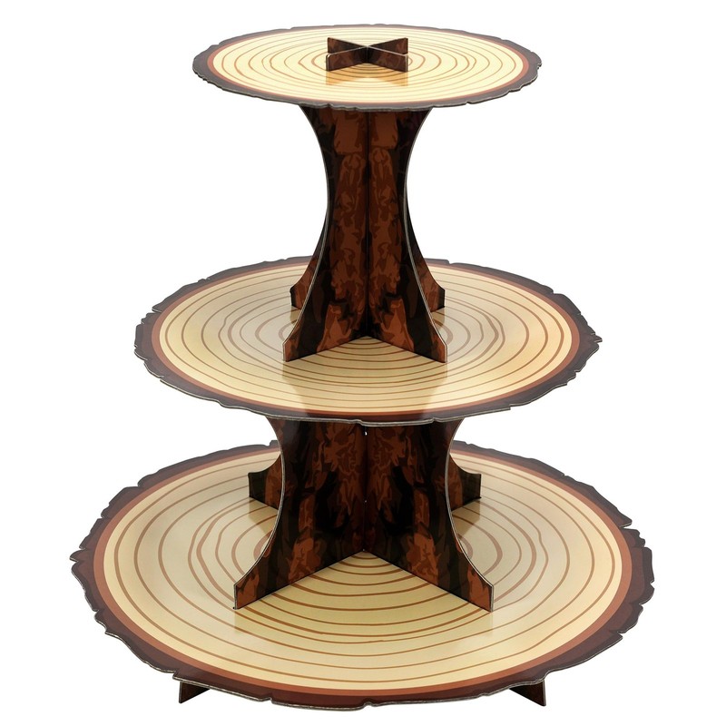 3-Tier Rustic Wood Cupcake Stand, Forest Theme Cardboard Cupcake Holder for B…