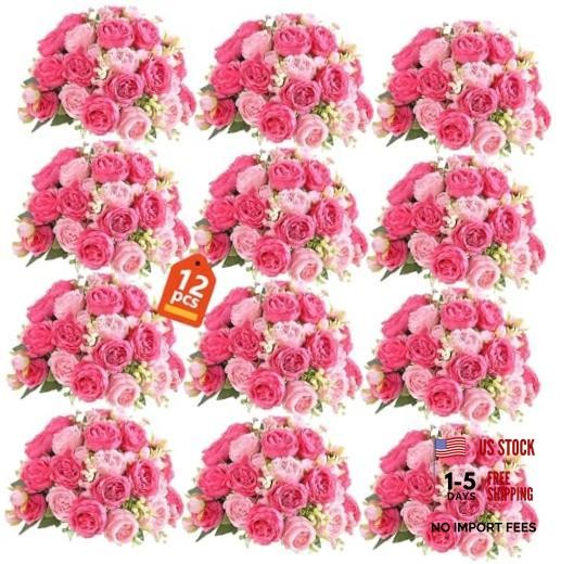 peonies artificial flowers 12 Bundles pink flowers bouquet, Rose Red + Pink