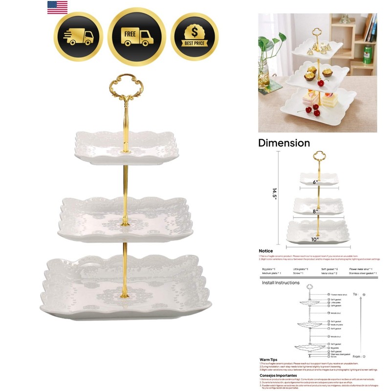 3 Tier Porcelain Cupcake Stand, Tiered Serving Cake Stand, Square White Embos…