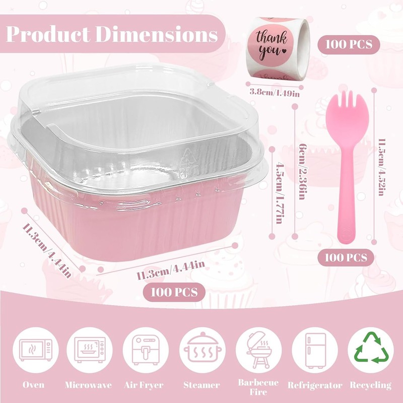 100 Pack 10oz Mini Cake Pans With Lids, Aluminum Foil Square Brownie Baking gallery