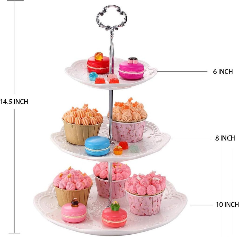 Bonnoces 3-Tier Porcelain Cupcake Stand Serving Tray - White Embossed Elegant De gallery
