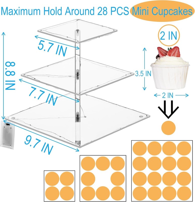 3 Tier Cupcake Stand Cupcake Holder Acrylic Cupcake Tower W/ LED Yellow Light 24 gallery