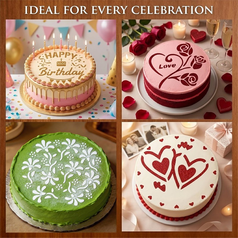 Cake Stencils Set 4 Templates - Happy Birthday, Love, Hearts, Floral - Reusab gallery