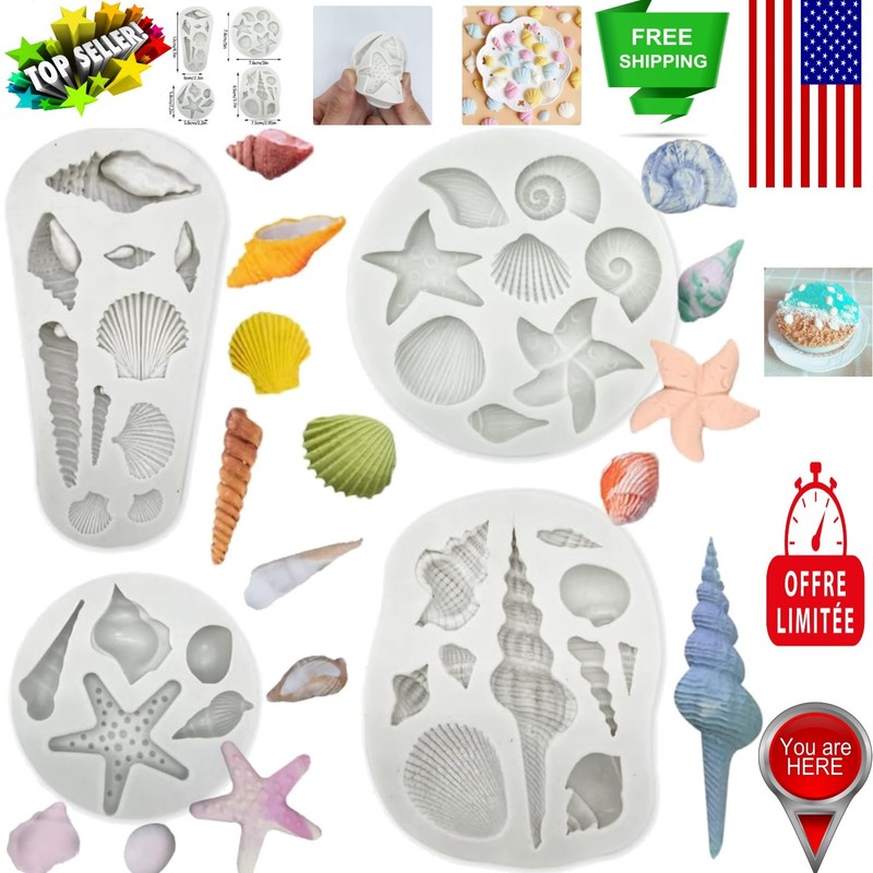 4 PCS Marine Theme Silicone Cake Molds – Seashell, Conch, Starfish Designs