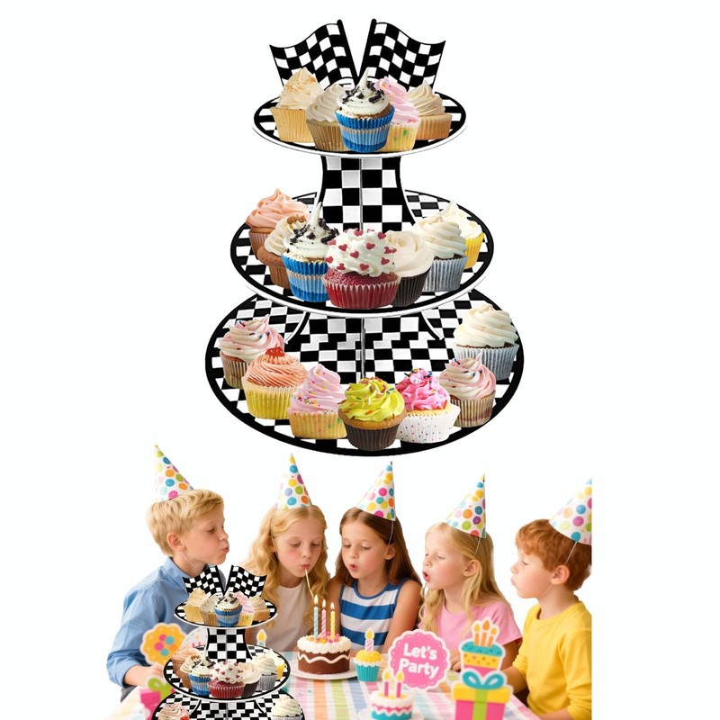 3 Tier Race Car Checkered Cupcake Stand,– Easy to Assemble& Reusable(Car)