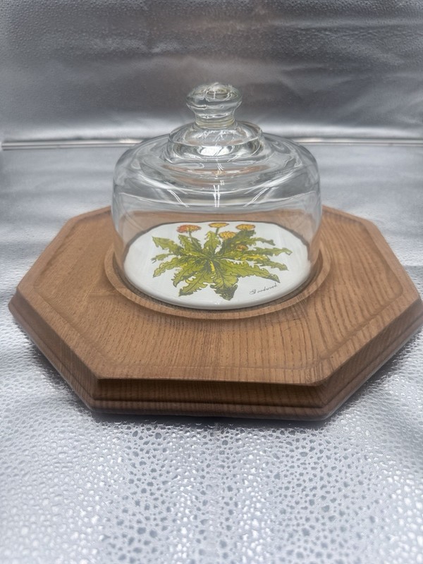 Vintage Goodwood Teak Wood DANDELION Covered Glass Cheese Dome Tray