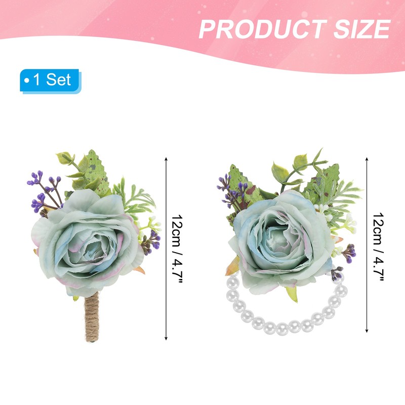2 Pcs Rose Wrist Corsage and Boutonnieres Set, Flower Wristlet Light Blue gallery
