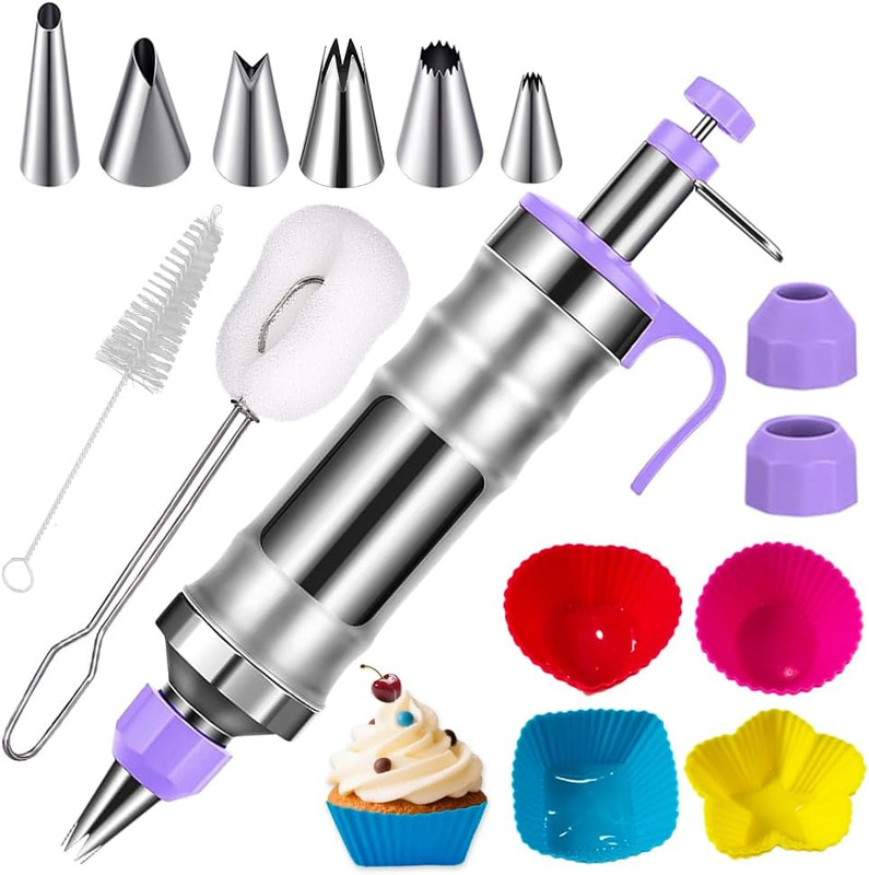 Dessert Decorating Syringe Set with 8 Silicone Cupcake Liners,Frosting Piping Ki