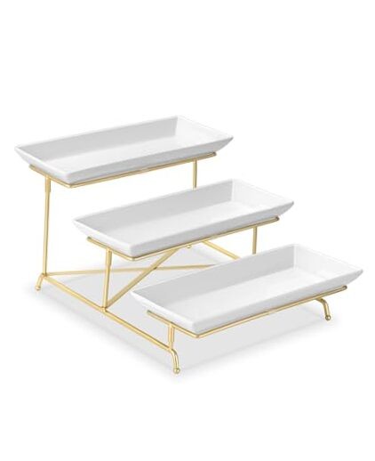 3 Tier Serving Tray Set 14 Inch Porcelain Tiered Serving 15″ x 13″ x 9″ Gold