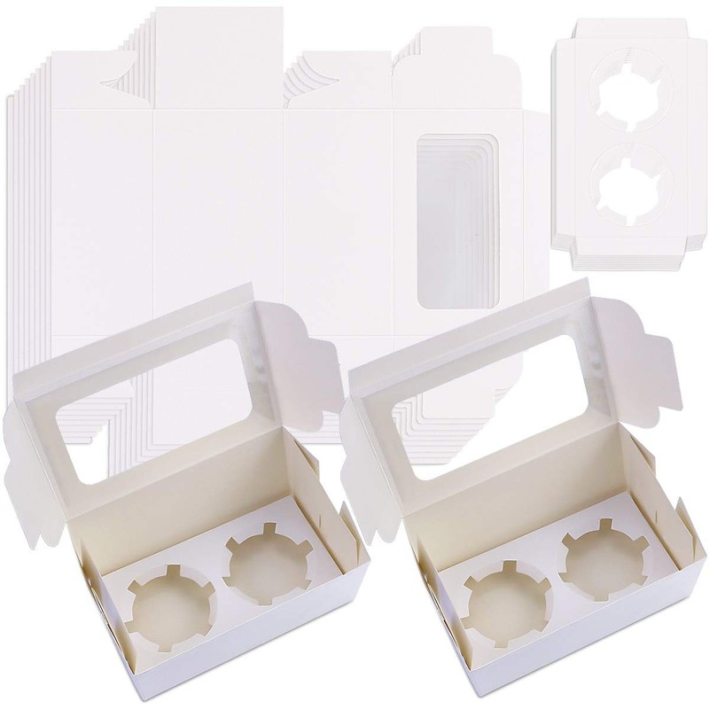 50 Pack White Paper Cupcake Boxes, 6.3×3.5×3, PVC Window, 2 Treat Holder