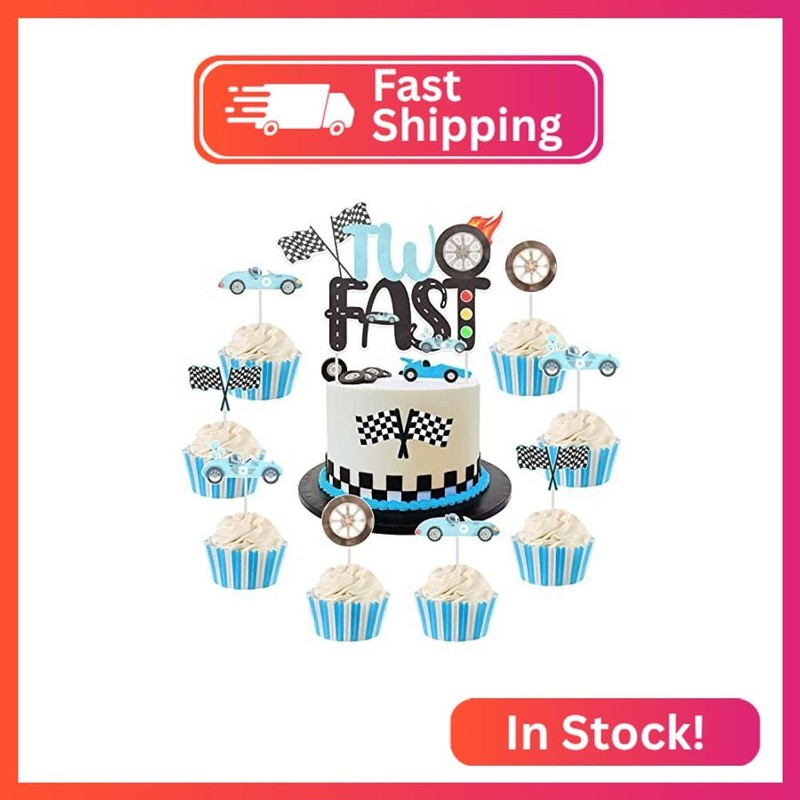 JOYMEMO 25 PCS Vintage Two Fast Cake Decorations for Boys – Blue Race Car 2nd Bi