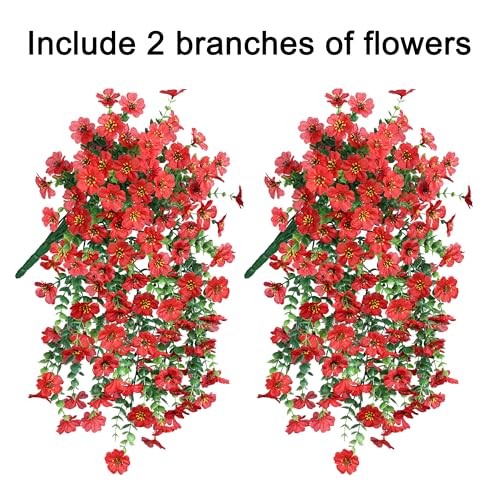 Artificial Hanging Flowers for Outdoors Decoration, 2Pcs Fake Spring Red gallery