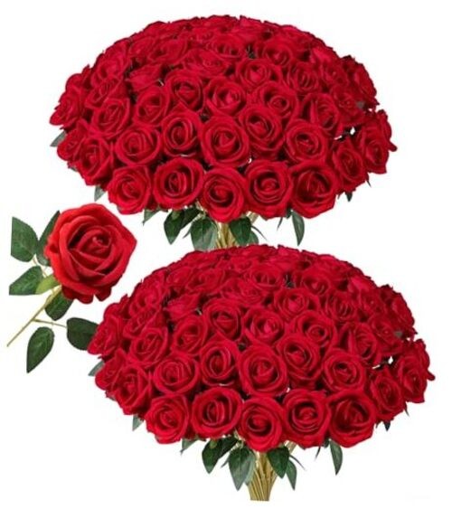 50 PCS Roses Artificial Flowers, Fake Roses with Stems Realistic Silk Red