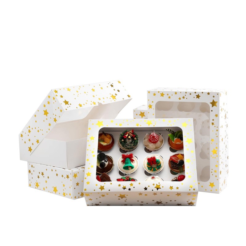 15 Packs Christmas Cupcake Boxes 12 Count, 13x10x3.5 Inch Gold Star Cupcake C…