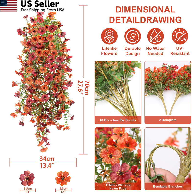 Artificial Fall Fake Flowers for Outdoor, 2 Pcs Medium, Orange Autumn Red gallery