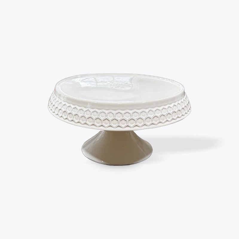 White Glazed Honey Bee Cake Stand With Honeycomb Pattern